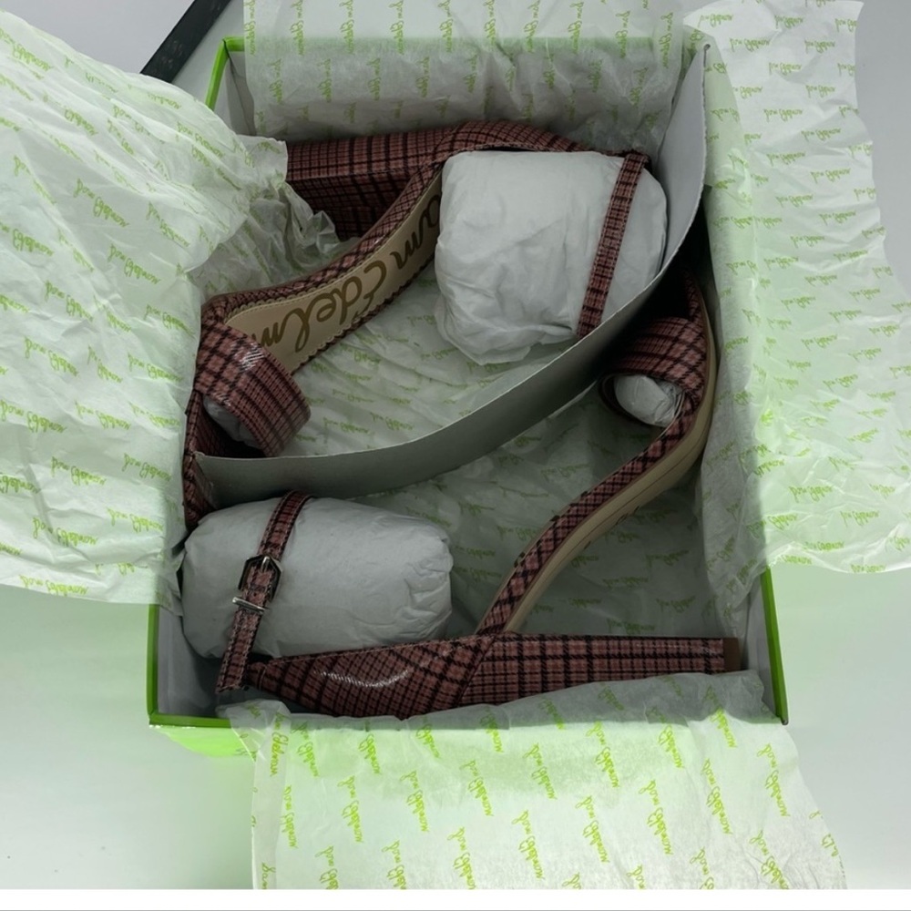SAM EDELMAN NEW YARO ANKLE STRAP SANDALS HEELS CAMEO PINK PLAID 7 - Picture 8 of 9